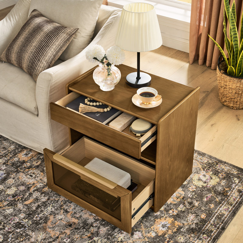 Nightstand, Charging Function, 2 Drawers, Mid Century Modern Look, , Wear - , Dorm Walnut Side Cabinet, Style, Easy To Clean, Living Room