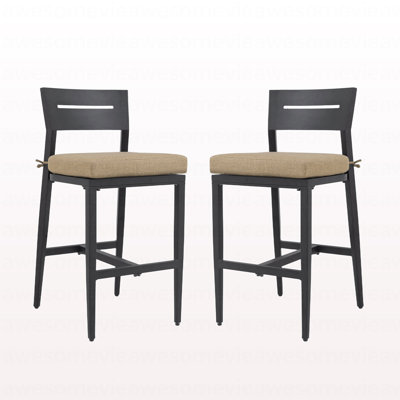 Tabourets de bar d'extérieur modernes 2 pièces, chaise de patio en aluminium avec dossier ergonomique, pieds fuselés, repose-pieds, noir Ember, coussin Sunbrella, résistant aux intempéries, pour jardin, bord de piscine et îlot de cuisine
