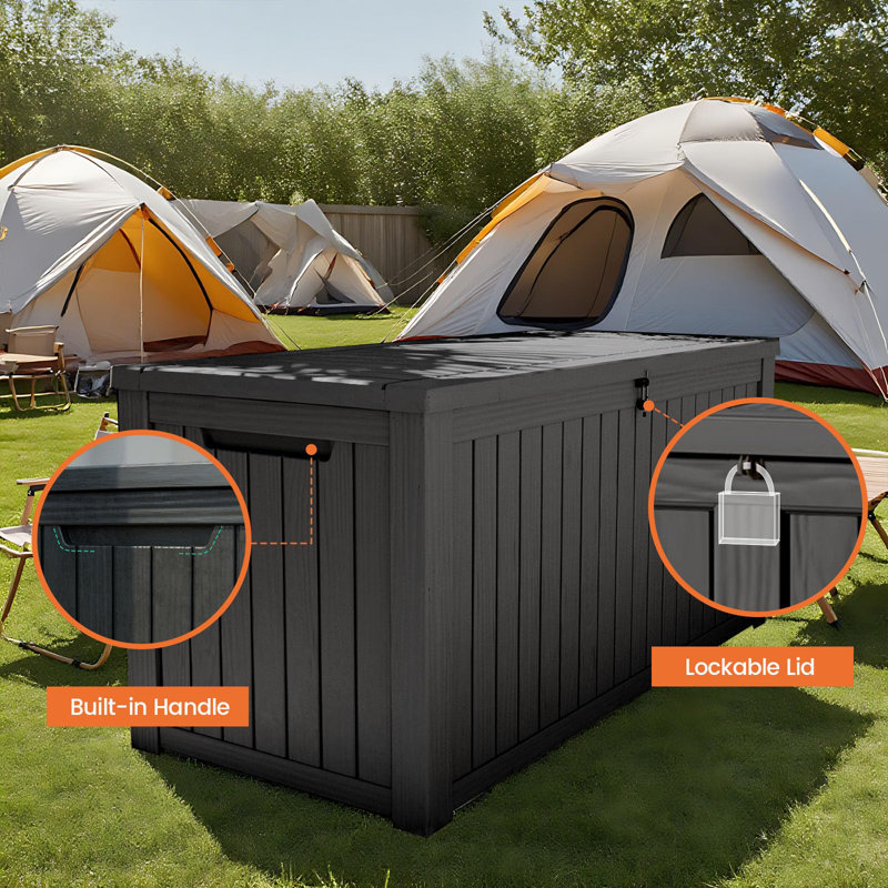 Boîte de rangement extérieure en résine imperméable et verrouillable 180 gallons, Noir