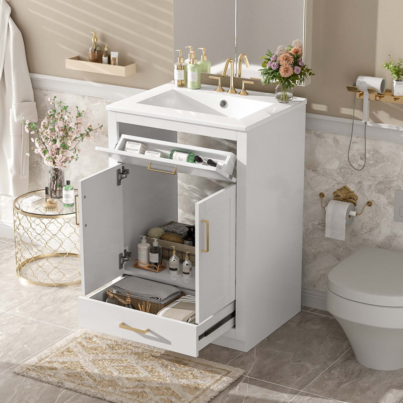 Meuble-lavabo 24 po avec lavabo en céramique intégré, armoire de salle de bain avec 2 portes, 1 tiroir basculant et meuble-lavabo simple