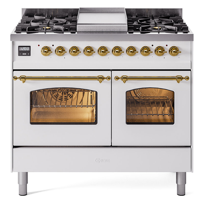 ILVE Nostalgie II Series 40 inch Dual Fuel Range with 6 Sealed Burners, Griddle (Glass Door), Liquid Propane, White/Brass
