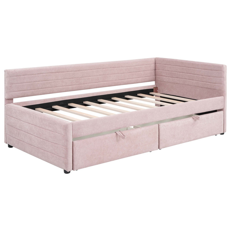 Twin Size Upholstered Daybed with 2 Drawers, Pink