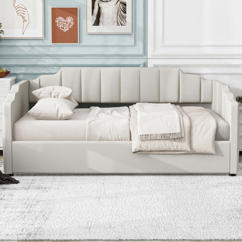 Lit de jour rembourré avec rangement inférieur, Beige, Full/Double