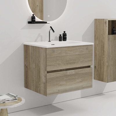 Grand meuble-lavabo mural avec lavabo en céramique intégré et trop-plein pré-assemblé