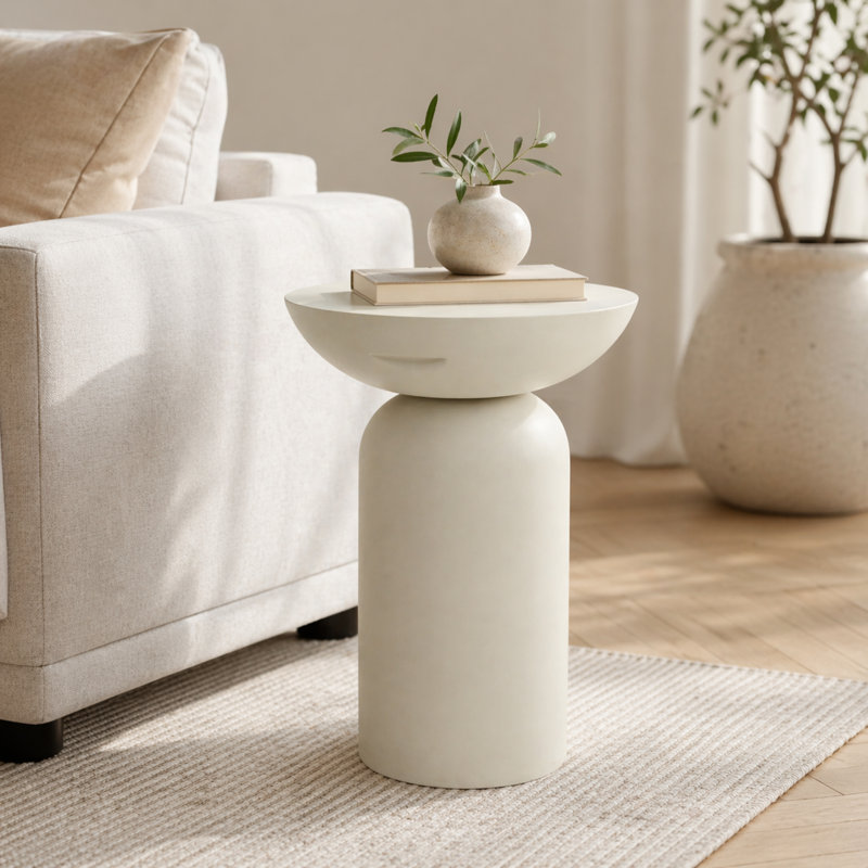 Table de bout moderne à piédestal moderne en polyfibre pour l'intérieur et l'extérieur blanc mat, Blanc