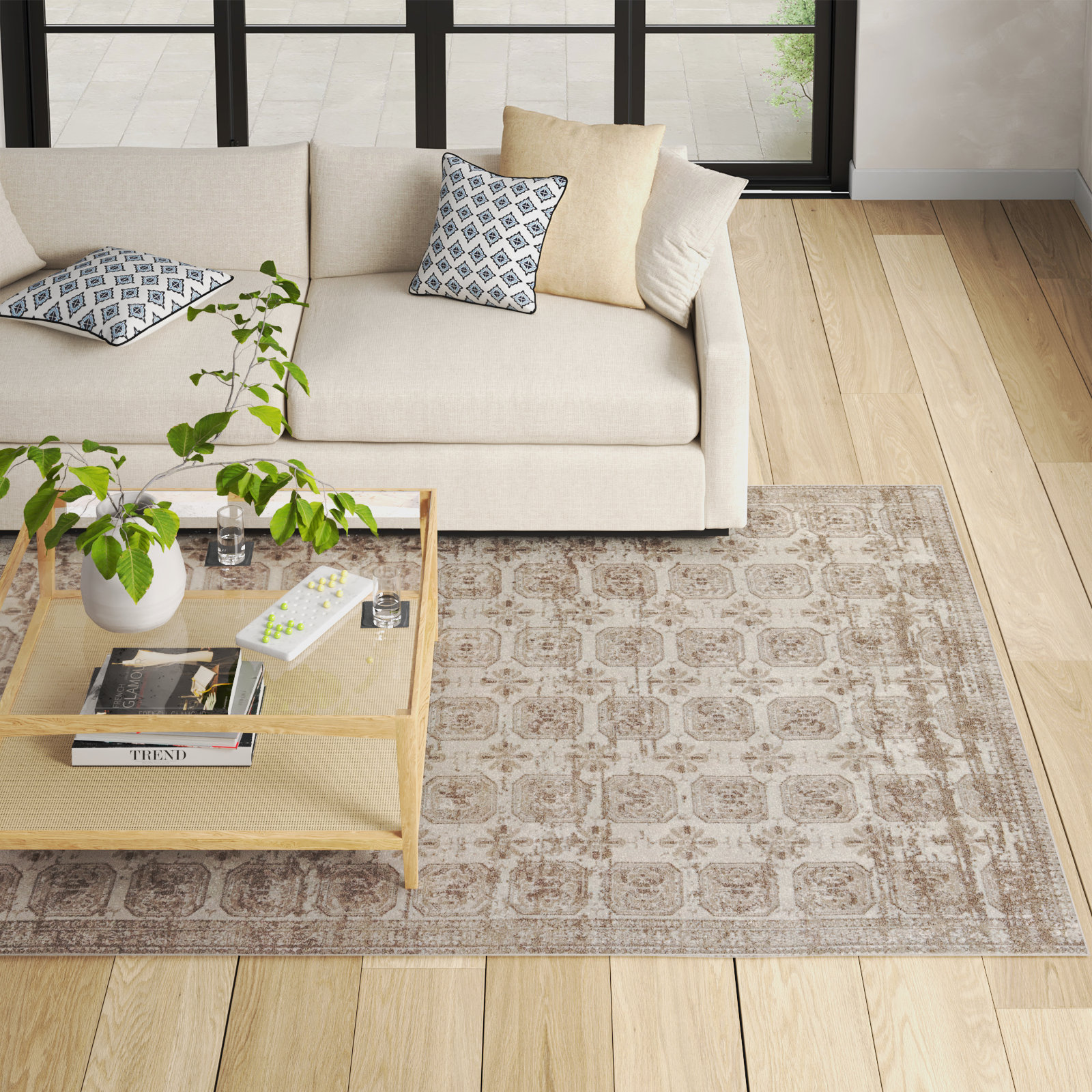 Phoebe Tan Cream Washable Geometric Rug, Runner 2'8" x 10'