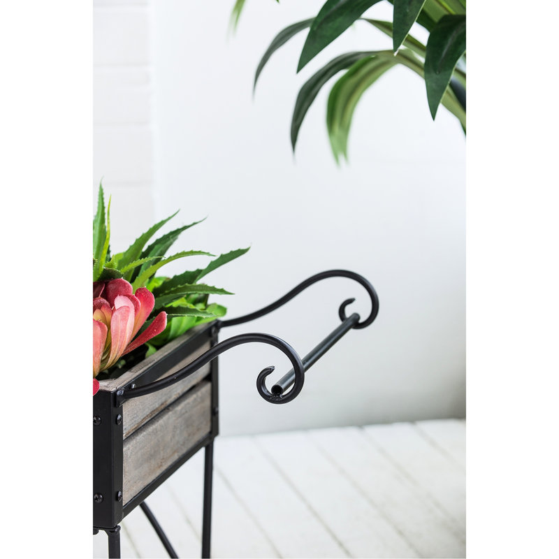 Rustic Black Trolley Cart Plant Stand With Wheels And Pine Wood Sections, 24.4X12.6X15.4 Inches, 9.9 Lbs, Decorative Touch Antique Brown Planter Two Back Legs Curved Handle, Lbs
