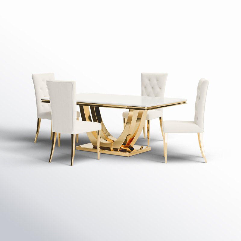 Baltazar 4 - Person Pedestal Dining Set, Gold, Gold/Beige