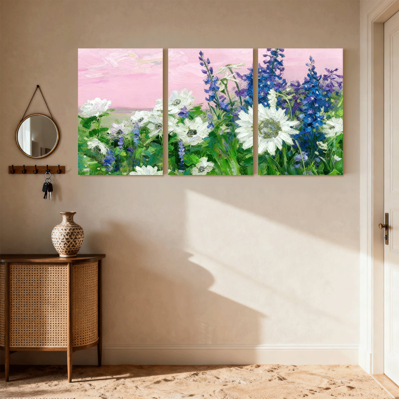 Ensemble de 3 reproductions d'art sur toile avec fleurs blanches et bleues, H 24 po x l 48 po