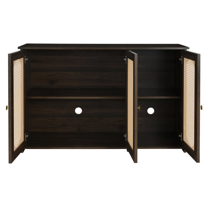 Retro 3-Door Sideboard With Large Storage Space Artificial Rattan Doors And Metal Handles, Brown