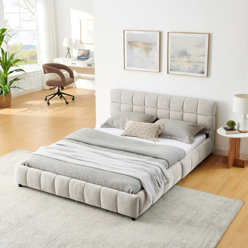 Queen Size Upholstered Storage Bed Frame With Chenille Fabric And Headboard, Built-In Drawers, Beige