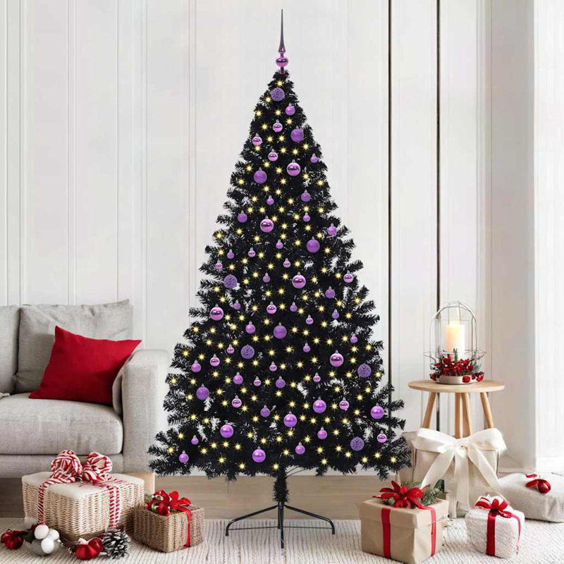 6.89' H Lighted Artificial Christmas Tree, Black, 210 cm, with 120 Lilac Balls