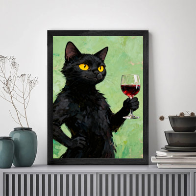 Chat noir mystérieux rétro encadré noir tenant un verre de vin rouge sur un fond aux couleurs vives, reproductions d'art encadrées de style rétro