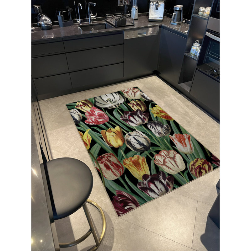 Tapis décoratif noir et vert multicolore à motif floral, Tapis de couloir 3 pi 3 po x 9 pi 10 po