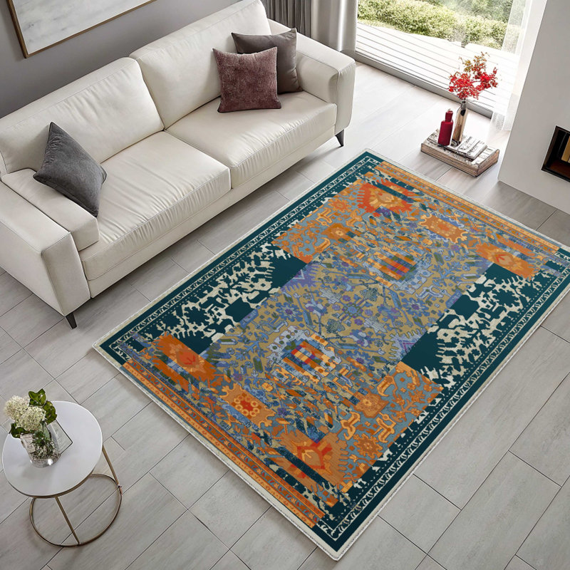 Vintage Look Middlefield Orange Navy Moroccan Cotton Chenille Area Rug, Rectangle 3'4" x 5'11"