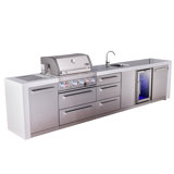Mont Alpi Premium 4-burner 145" Deluxe Stainless Steel Island Modular Outdoor Kitchen Island Bbq Gas Grill + Beverage Center Faucet & Sink + Refrigerator + Storage Drawers & Cabinets + Rotisserie Kit