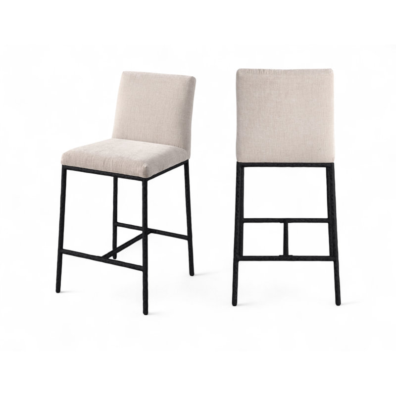 Tabouret de comptoir rembourré Reeves, Tissu chenille beige, Noir mat