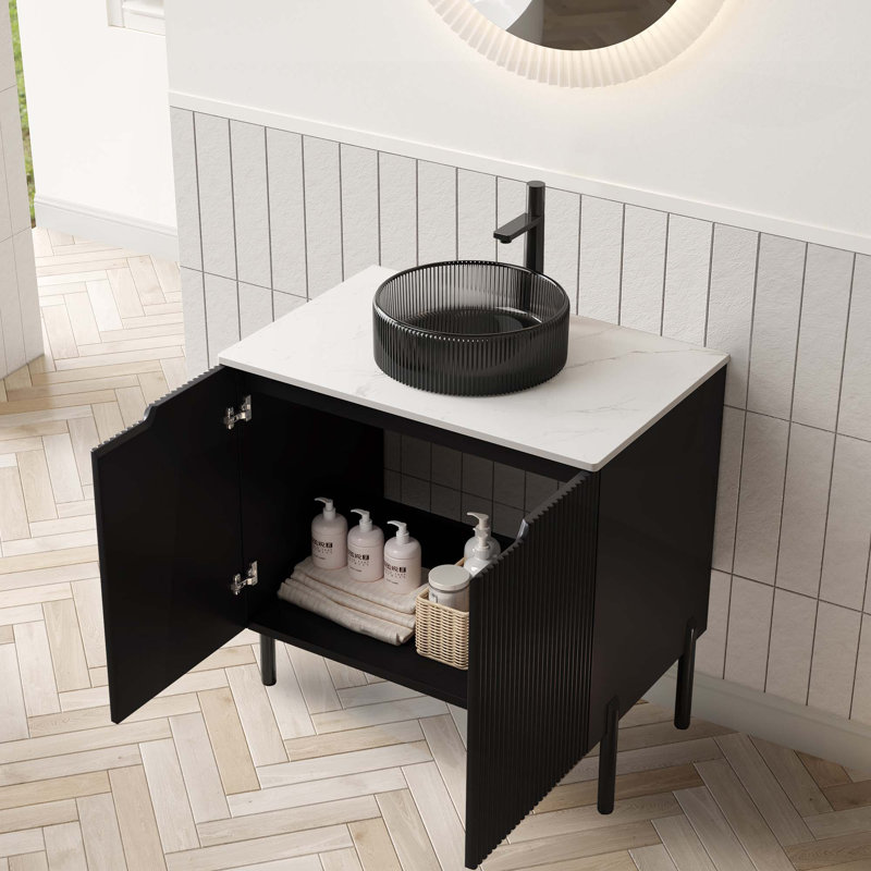Meuble-lavabo de salle de bain avec lavabo, armoire de rangement autoportante avec 2 portes, lavabo rond et comptoir en pierre frittée, sans robinet