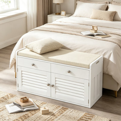 Shoe Storage Bench with 2 Drawers and Cushion, Entryway Bench with Adjustable Shelves and Louvered Doors for Hallway, Bedroom, Closet, White