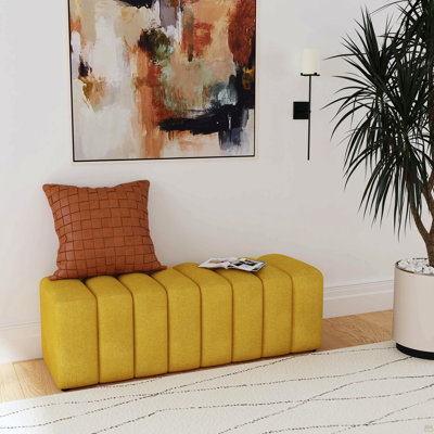 Banc rembourré en tissu capitonné, jaune moutarde