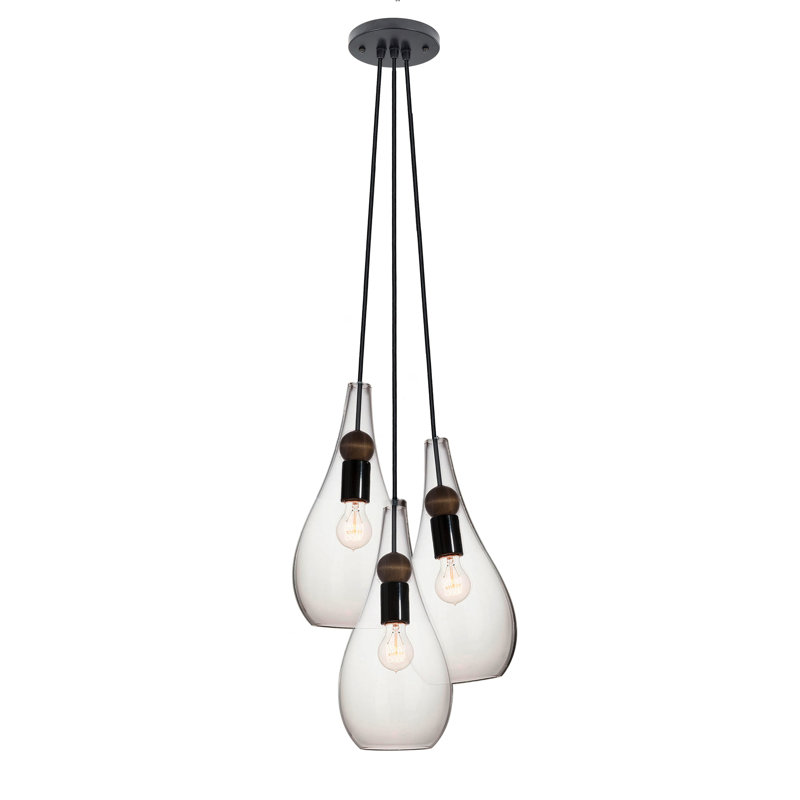 Lustre globe en forme de goutte de lumière avec détails en verre soufflé à la main, Noir mat, H 108 po x l 18 po x P 5 po