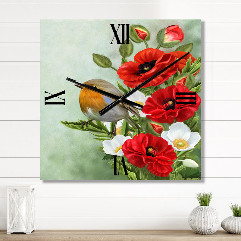 Horloge murale oiseau avec coquelicots et anémones, Très grand