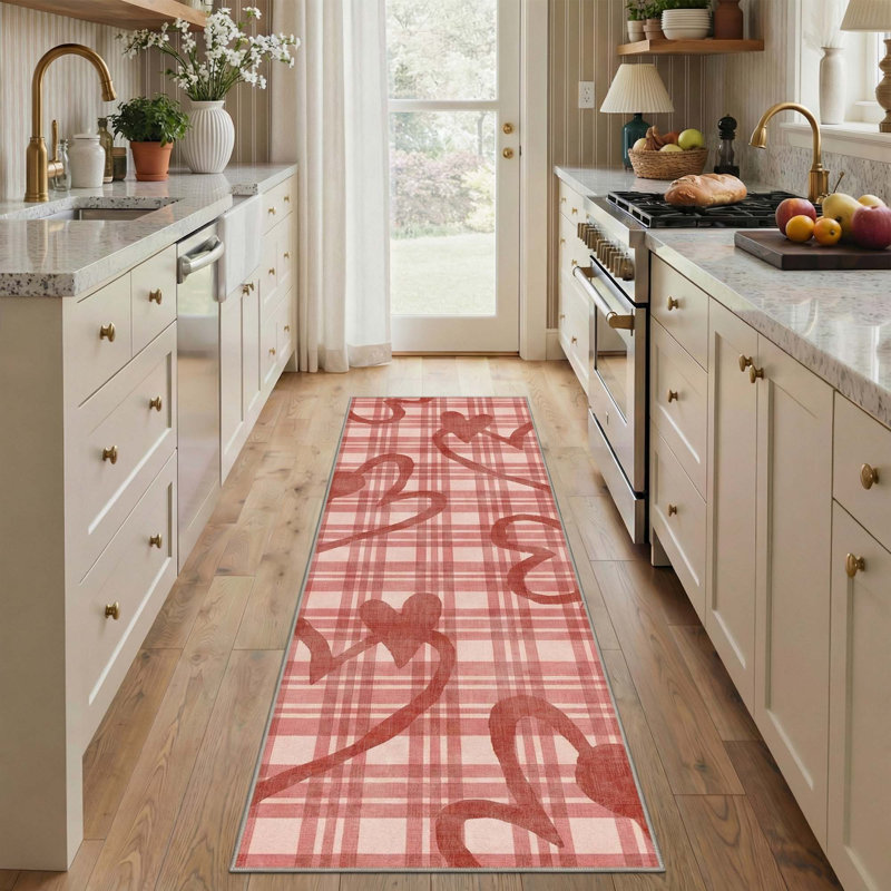 Preppyt Aesthetic Heart & Plaid  Machine Washable Red Indoor Area Rug with Non-Slip Backing, Runner 2' x 6'