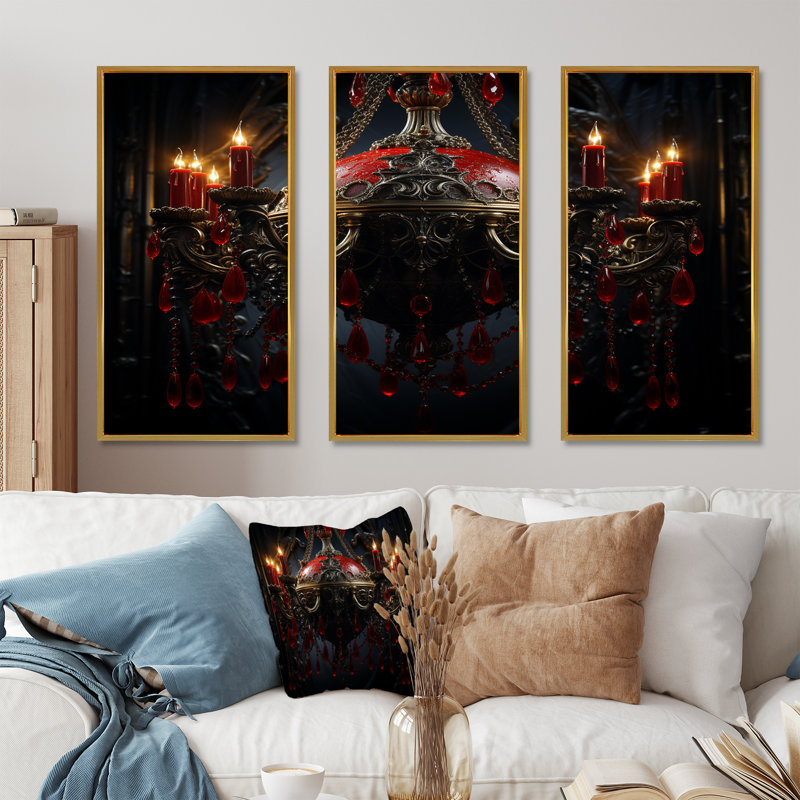 «Red Gothic Luminary Grace» - lustre, art mural, Cadre flottant doré, H 28 po x l 36 po x P 1 po