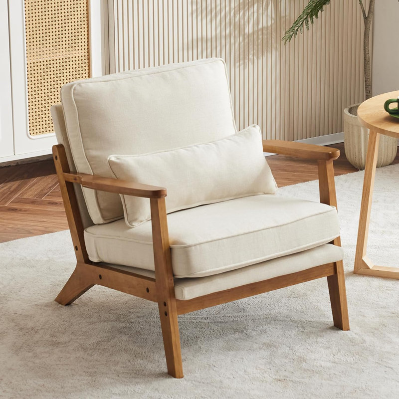 Fauteuil d'appoint Mid-Century avec accoudoirs lombaires Bruce, Lin beige