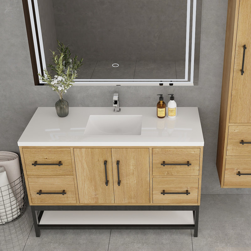 Victoria Wall-Mounted Vanity with Reinforced Acrylic Sink & Rack, Oak
