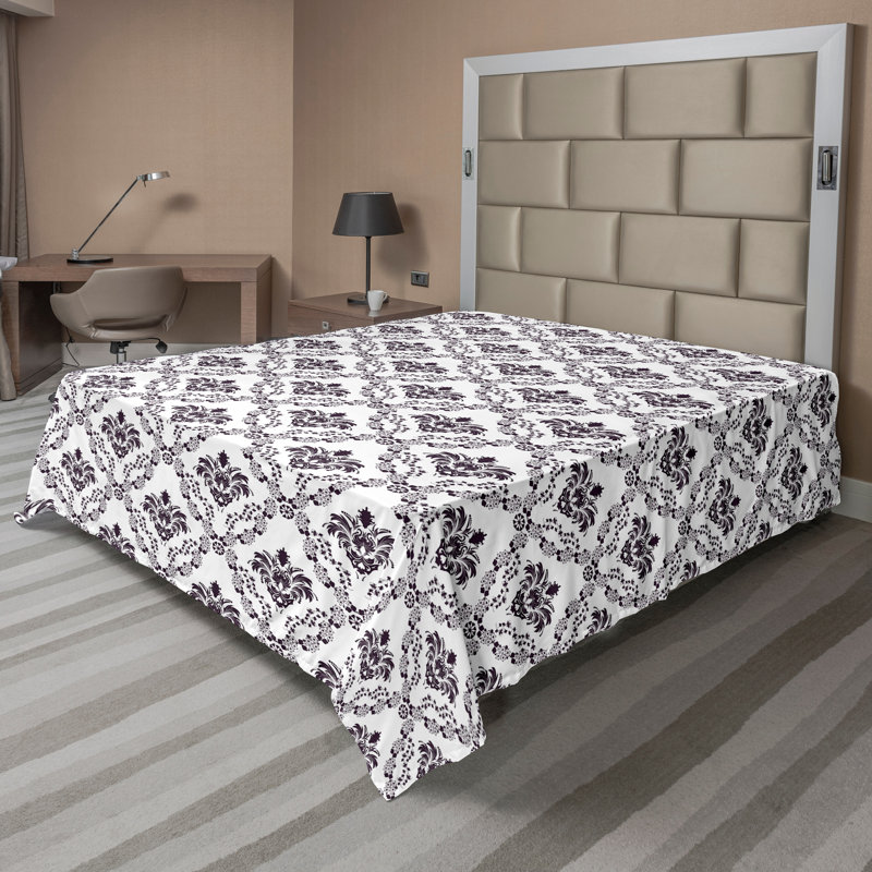 Ambesonne Top Flat Sheet Curving Art, King Flat Sheet, Brown White Damask