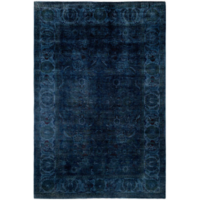 Tapis unique noué à la main Rachal - bleu, 6 pi 4 po x 9 pi 5 po Rachal