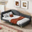 Lit de jour simple tapissier avec tête de lit et accoudoirs, pieds de support, gris