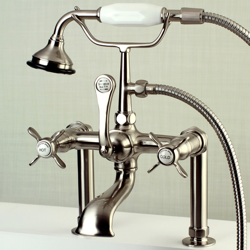 Kingston Brass Essex Three-Handle 2-Hole Deck Mount Clawfoot Tub Faucet with Hand Shower, Brushed Nickel