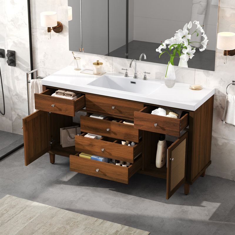 Meuble-lavabo de ferme moderne de 60 po de largeur avec lavabo SMC Brielle, portes en rotin et poignées en métal Brielle