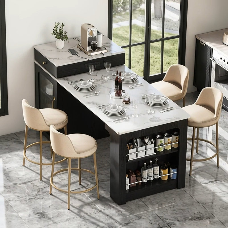 Îlot de cuisine à rangement extensible avec rangement double face et prise de courant, Noir