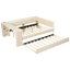 Lit plateforme tapissier pleine grandeur beige avec tablettes de rangement, station de charge et lit gigogne, confortable pour se détendre dans le rangement, charge de bureau, chambres partagées gigognes