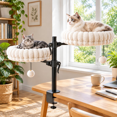 Lit-hamac pour chat blanc avec 2 lits amovibles et boules suspendues, fenêtre et perchoir de bureau peu encombrant pour chats jusqu'à 24 lb
