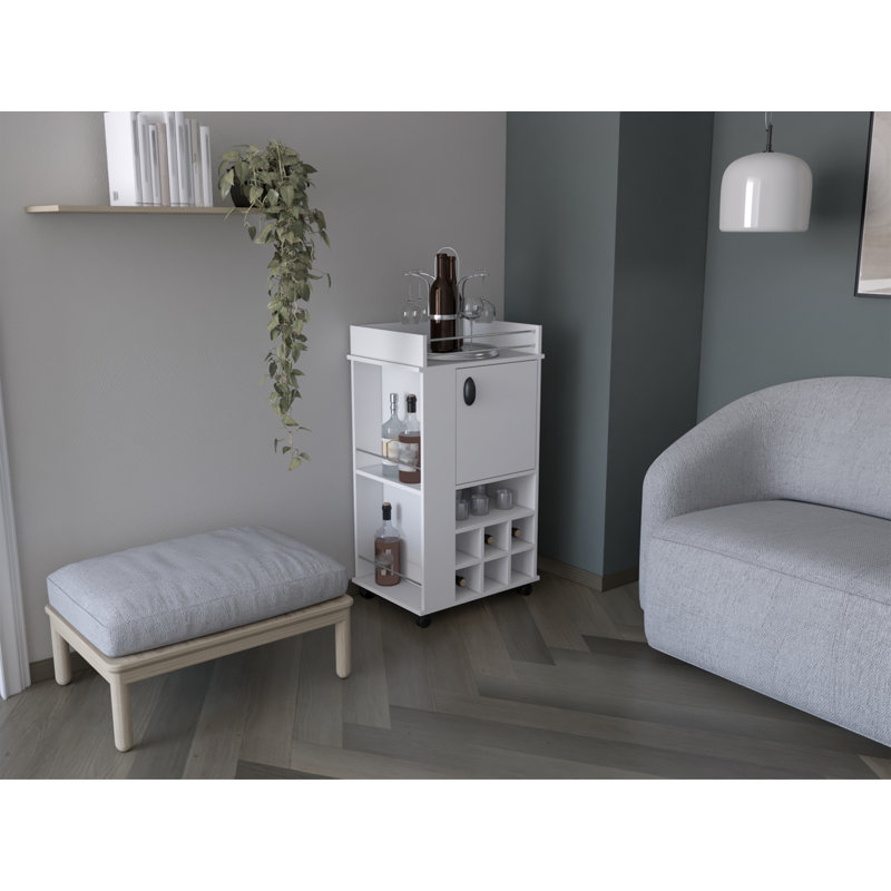 Bar Cart with 6 Built-in Wine Racks, Single-Door Cabinet, and 2 Open Shelves, White