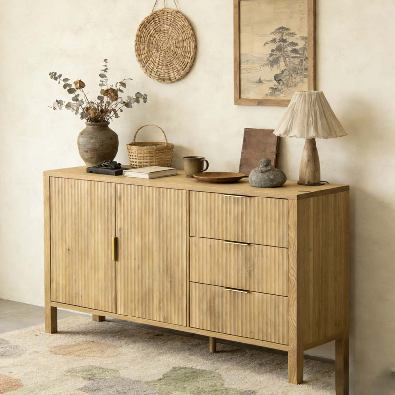 Buffet moderne à motif de vagues avec 3 tiroirs, Naturel
