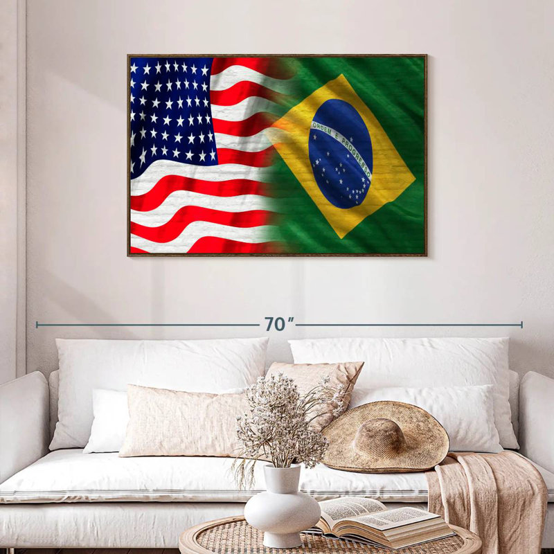 Drapeau des États-Unis et du Brésil, Cadre flottant en noyer, 43 po x 29 po
