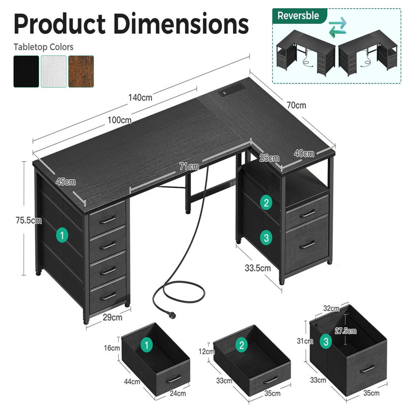 Corner Computer Desk With 1 Filing Cabinet And 5 Linen Drawers, L-Shaped Desk With Power Outlets, Black