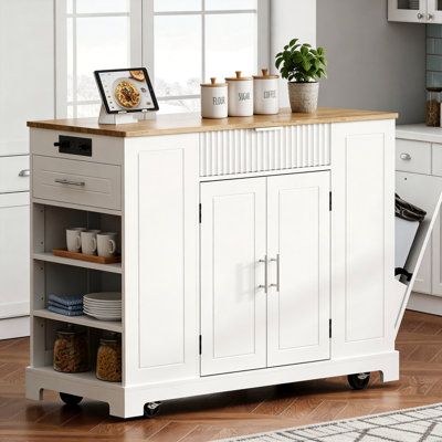White, Recessed Kitchen Island With 5 Wheels For Easy Movement. Includes Trash Can, Storage Cabinet, Power Outlet, 3 Drawers, 3 Side Shelves, And Can Hold A 10-Gallon Bin. Multi-Functional Storage Work Surface.