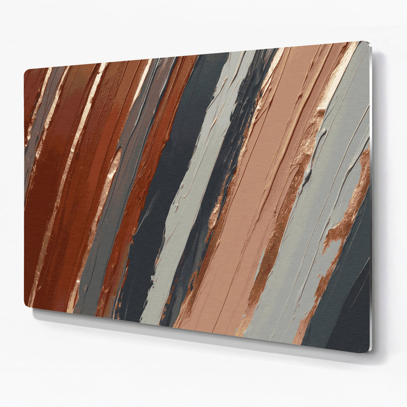 Art mural horizontal rayé en terre cuite gris clair et métal gris, H 11 po x l 14 po