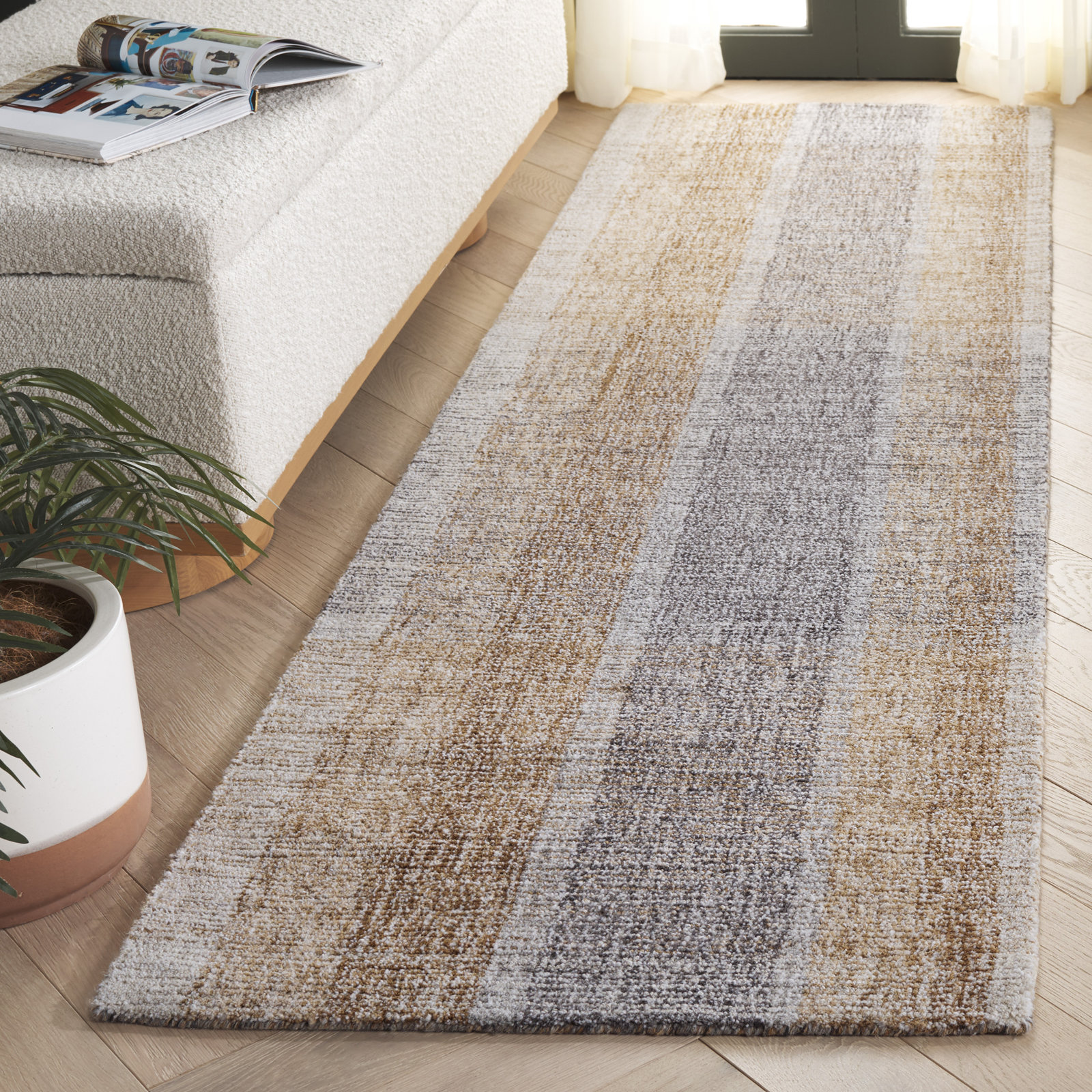 Light Brown Blue Hand-Tufted Geometric Wool Rug, Runner 2'3" x 8'