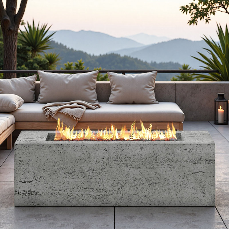 Mgo Propane Outdoor Rectangular Fire Pit With Side Cutout Handles, Steel Burner, Adjustable Flame Control, Lava Rocks And Rain Cover