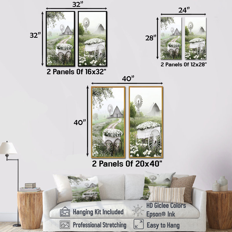 «White Flower Rustic Cart At The Barn I» - Ensemble d'art mural 2 pièces, Toile tendue, H 28 po x l 24 po