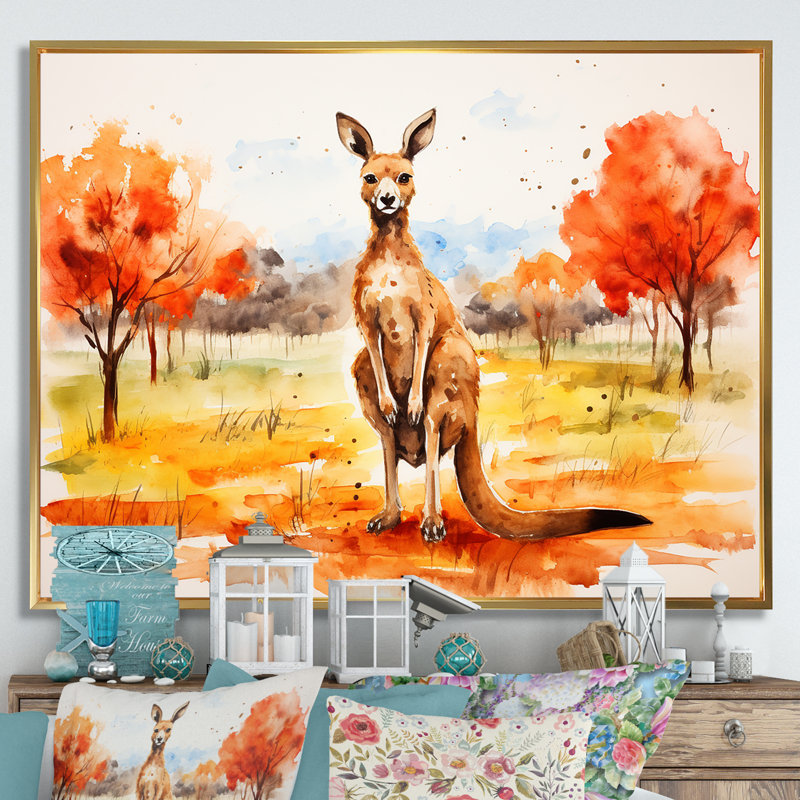 Kangourou brun et orange - Art mural animal kangourou, H 34 po x l 44 po x P 1,5 po, Cadre flottant doré