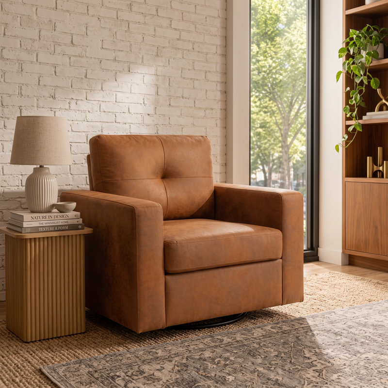 Fauteuil pivotant à 60° pour salon, chambre, bureau - Brun clair + Fonte + Bois + Tissu + Mousse