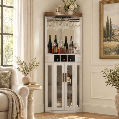 68 Inch Corner Bar Cabinet with LED Lighting Mirrored Back and Glass Doors
